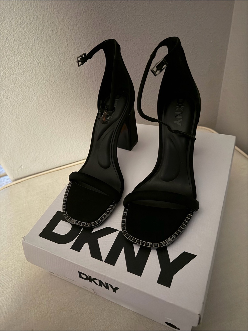 DKNY Black Square-Toe Ankle-Strap Block Heels with Silver Trim